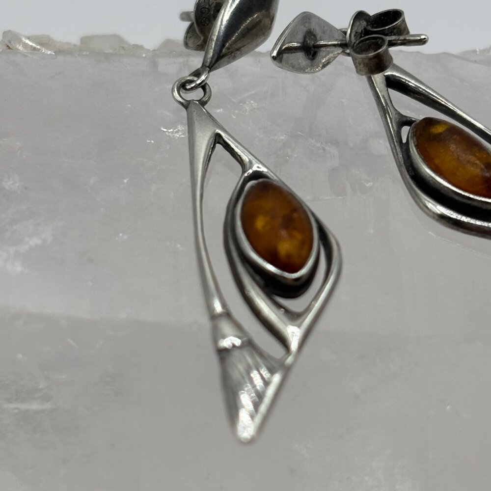 Vintage Handcrafted 925 Silver Dangle Earrings with Amber Stone - Picture 13 of 13